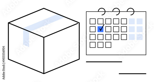 Package next to calendar with marked date represents logistics, shipping schedules, e-commerce, order planning, delivery tracking, time management, and business operations. Ideal for flat simple