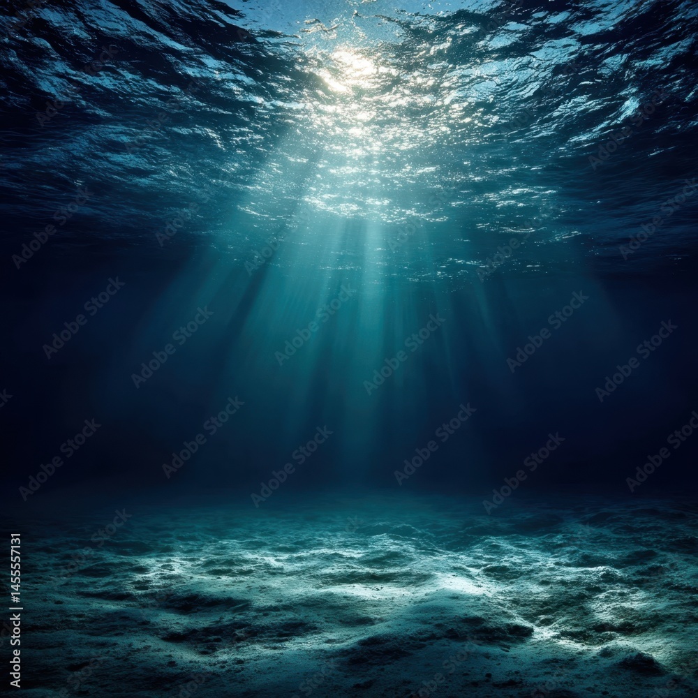 Fototapeta premium Sunlight Streaming Through the Ocean Water Illuminating Sandy Seabed in Deep Blue Sea