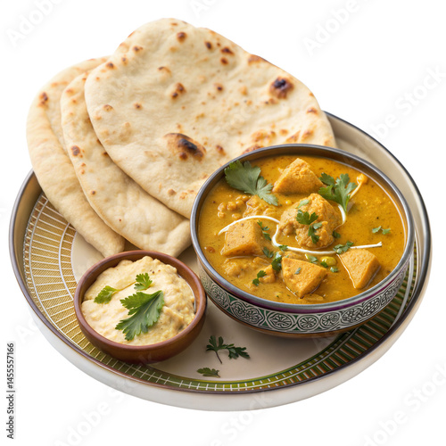 Authentic Indian Chicken Curry Served with Soft Naan Bread and Creamy Side Dip – Traditional South Asian Cuisine Perfect for Restaurant Menus, Cultural Food Promotions, and Food Delivery Listing