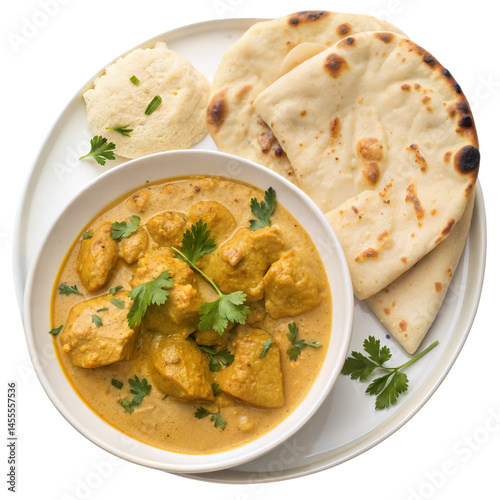 Creamy Chicken Korma with Freshly Baked Naan Bread and Cilantro Garnish – Indian Classic Comfort Dish for Lunch or Dinner – Ideal for Recipe Cards, Takeout Ads, and Ethnic Cuisine Food Blogs