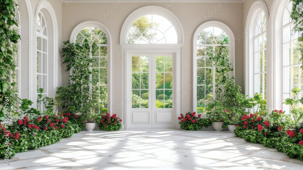 Naklejka premium Spacious interior conservatory with abundant greenery and sunlight.