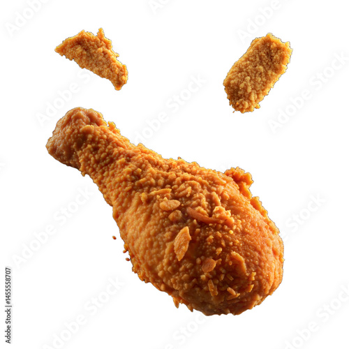 Crispy fried chicken drumstick with golden crunchy coating and floating crumbs, isolated on transparent background, perfect for fast food menu design, advertising, and packaging visuals