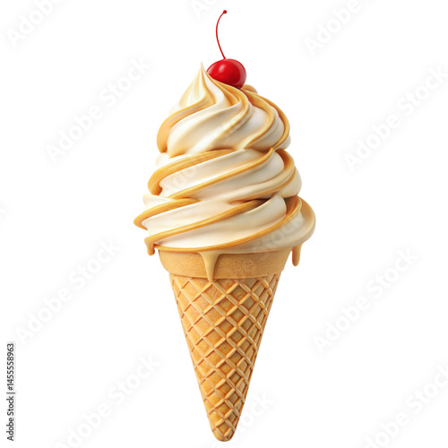 Delicious vanilla soft serve ice cream cone with caramel swirl and cherry topping, isolated on transparent background for summer dessert menus, advertising, clipart, and food product visuals