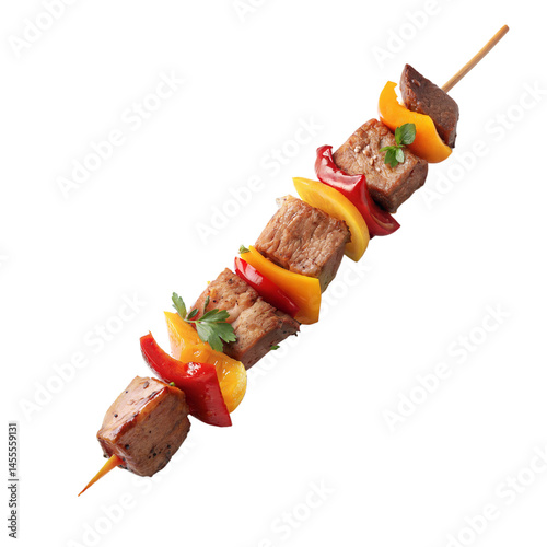 Grilled meat and vegetable kebab skewer with bell peppers and herbs, isolated on transparent background for BBQ menu design, food packaging, grilling graphics, or restaurant visuals