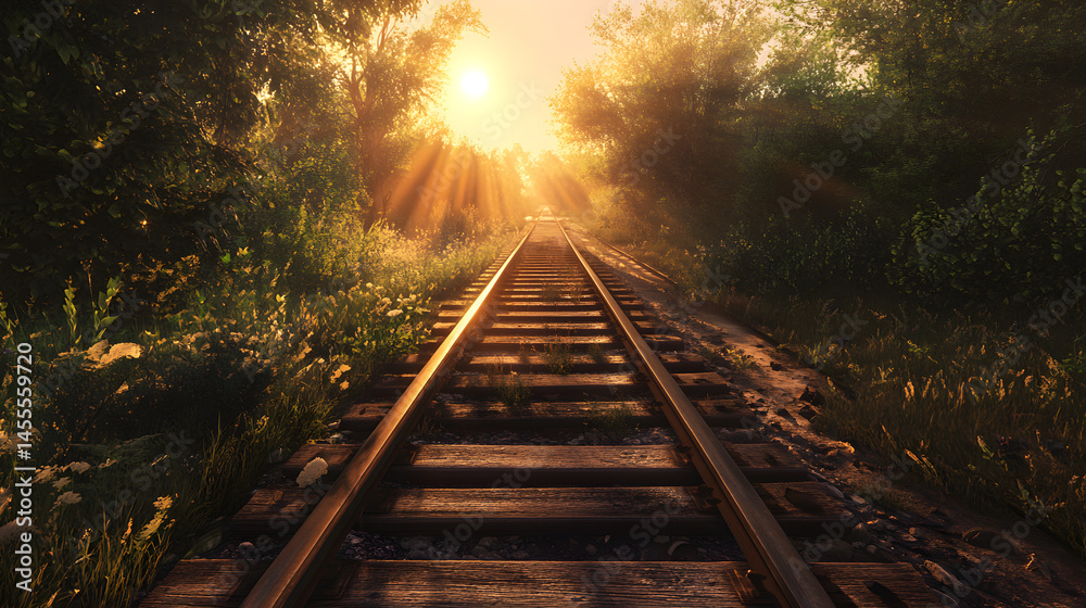 Naklejka premium Nostalgic Echoes: Timeworn Railways and Sunlit Horizons on a Forgotten Pathway
