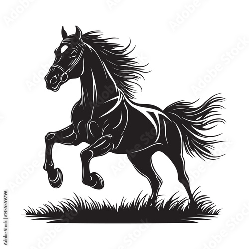 Black Horse Galloping Field  Image Vector Isolated on white background.