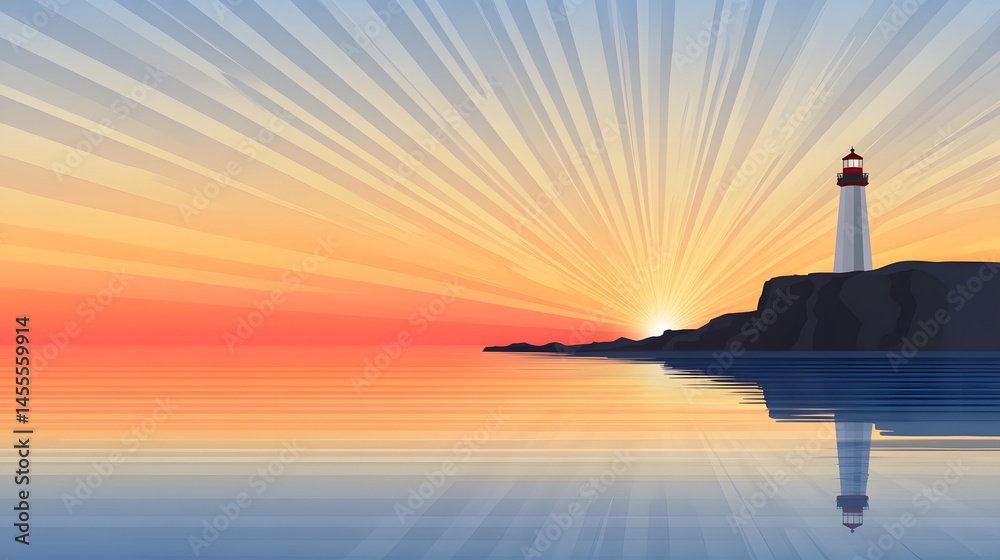 Fototapeta premium Lighthouse stands tall on a rocky coastline at sunset time