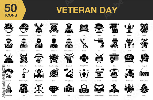 Veteran Day solid icon set. Includes patriotic, army, celebration, soldier, happy, and More. Solid icons vector collection.