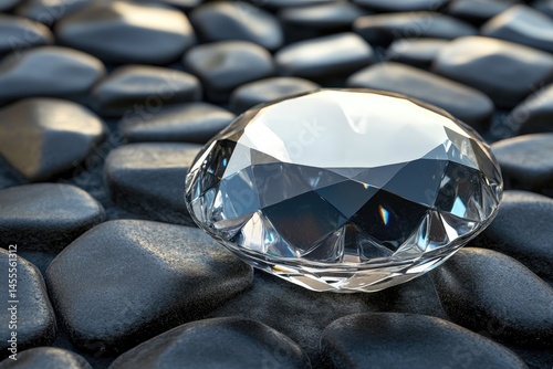 Sparkling diamond resting on dark stones.  Detailed close-up of a faceted, clear diamond positioned on a textured surface of dark, rough stones.  Light reflects off the diamond's facets photo