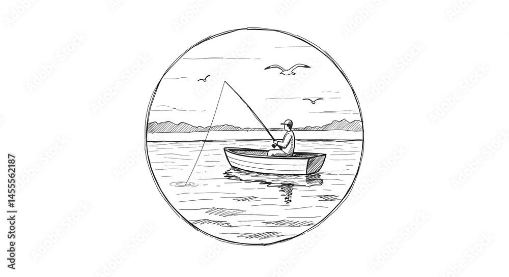 Fisherman on a Boat Hand-Drawn Illustration Fisherman on a Boat Hand-Drawn Illustration