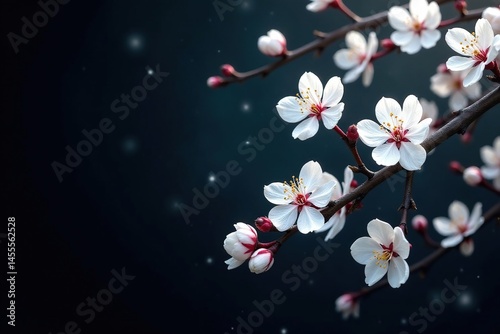 Intricate sakura branch pattern, white blossoms against dark background , decorative, pattern