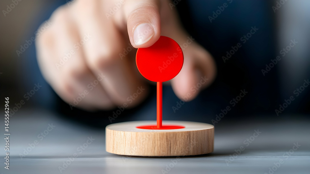 Business growth concept. Setting business objective target goal, Person points at wooden block with red dartboard icon business goals. teamwork, data analysis, growth, processes, strategic planning Business growth concept. Setting business objective target goal, Person points at wooden block with red dartboard icon business goals. teamwork, data analysis, growth, processes, strategic planning