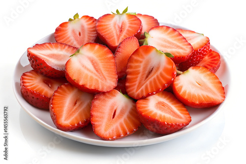 Fresh sliced strawberries on a white plate, healthy fruit, summer dessert, sweet treat, red berry