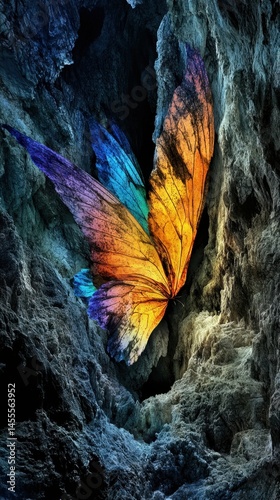 Butterfly Wings Emerging From a Dark Cave, Colorful Insect Against Stone Texture Backdrop