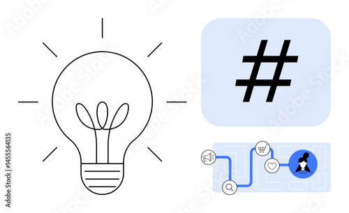 Light bulb representing ideas, metadata tag symbol for social media, and icons for strategy workflow and communication. Ideal for creativity, innovation, digital strategy, branding, team planning
