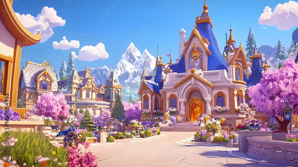 Naklejka premium Charming town square, spring blossoms, majestic mountains, fantasy setting; ideal for game backgrounds