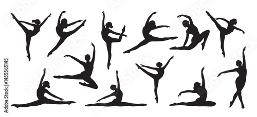 Silhouette set of female gymnast and ballerina in flexible dance poses for elegant movement illustration 