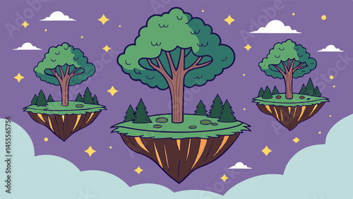 Three floating islands with trees and stars night scene