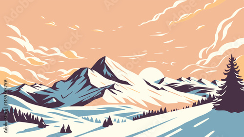 Snowy mountain range at sunset vintage illustration
