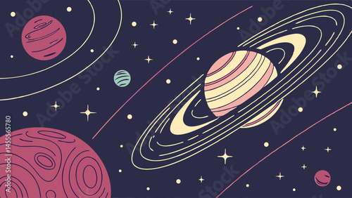 Stylized planets and rings in space cosmic illustration