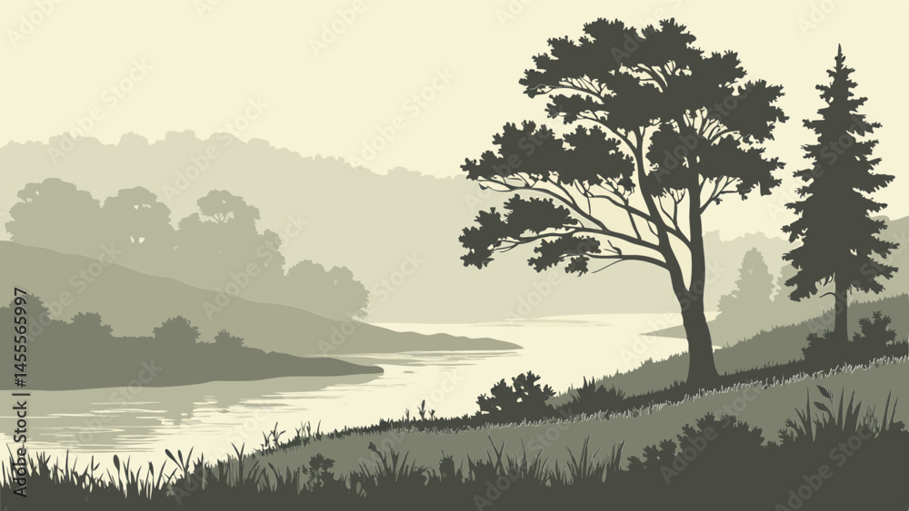 Serene river landscape with silhouetted trees and misty hills