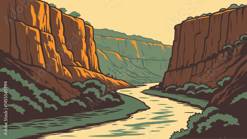 Serene river winding through a majestic canyon landscape