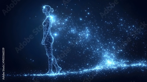 Ethereal woman composed of glowing blue lines walks, leaving a trail of light. A futuristic, captivating image perfect for tech or sci-fi themes. Abstract Digital low-poly wireframe