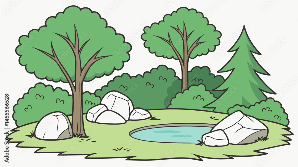 Fototapeta premium Cartoon illustration of a tranquil forest pond scene