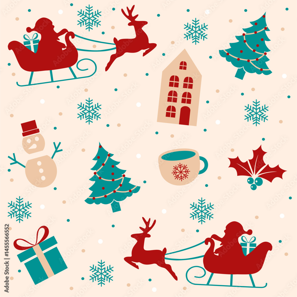 Fototapeta premium Seamless Christmas pattern with snowflakes, reindeer, holly, and ornaments in traditional red, green, and white. 