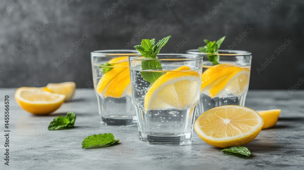 Fototapeta premium Refreshing Lemon Water with Mint in Glasses on a Gray Surface, Healthy Drink for Summer Days