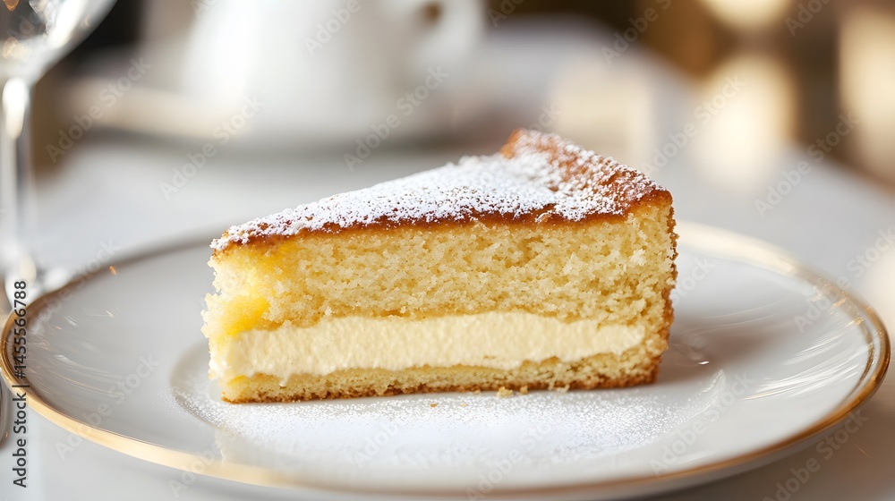 Elegant slice of cake with creamy filling and dusting. Elegant slice of cake with creamy filling and dusting.