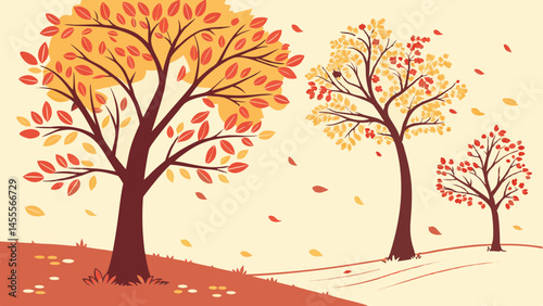Autumn Landscape Vector with Colorful Trees and Falling Leaves
