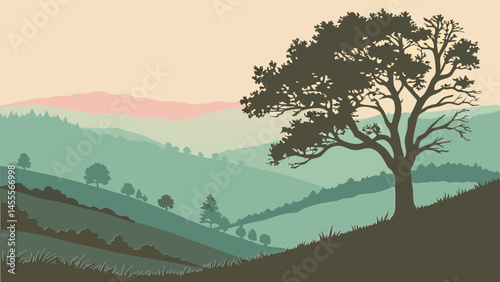 Serene landscape with silhouette tree and rolling hills