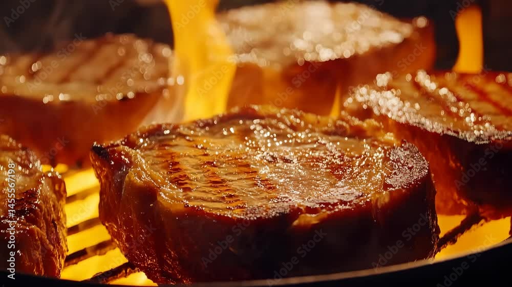 Juicy pork chops sizzling on a flaming grill with charred grill marks and golden crust. Perfect for BBQ, meat lovers, summer cooking, and outdoor grilling themes.