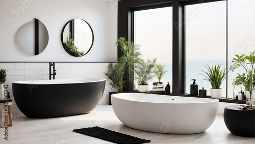 Stylish White and Black Bathroom Corner with Tub for Modern Comfort