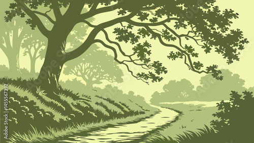 Vintage forest path illustration with arching trees and shade