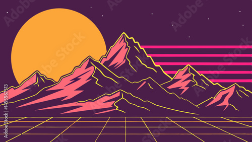Retro neon mountain landscape with sunset and pine trees