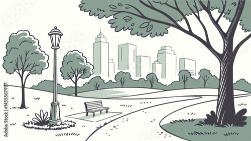 Urban park scene with trees, bench, and city skyline in hand-drawn vector