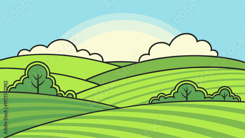Cartoon green landscape vector with trees, hills, and sunrise in background