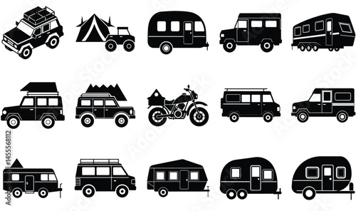 Travel Car Silhouette Vector Set – Road Trip Vehicles and Adventure Transport Icons Collection