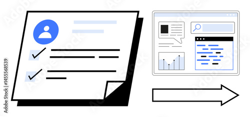 Paper document with checkmarks next to user profile converting into a digital dashboard with charts and text via arrow. Ideal for workflow, data management, digitization, automation, technology