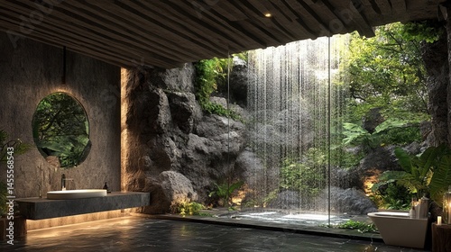 A nature-inspired spa bathroom with stone textures and waterfall showers 