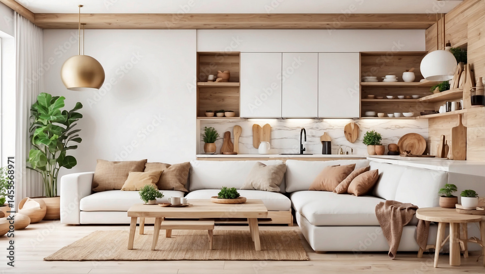 Fototapeta premium Stylish White and Wooden Kitchen and Living Room for Open Concept Living