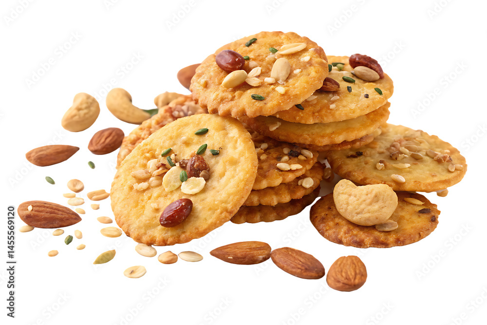 A pile of savory crackers topped with various nuts and seeds on a black background, isolated shot A pile of savory crackers topped with various nuts and seeds on a black background, isolated shot