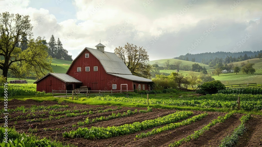 picturesque scene of a rustic farmhouse with a vegetable garden and a red barn, nestled at the foot of gently rolling hills in a serene countryside. picturesque scene of a rustic farmhouse with a vegetable garden and a red barn, nestled at the foot of gently rolling hills in a serene countryside.