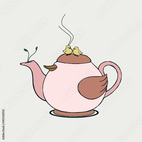 Isolated teapot detailed colored illustration and duck on teapot lid. Tea ceremony. Vector illustration of tea party elements, tea, spices, lemon. Cup and teapot. Breakfast and hot drinks.