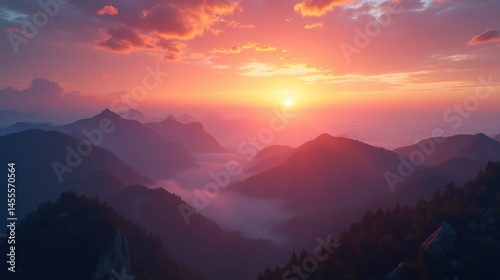 Misty Peaks: Sunrise Magic Over Mountains