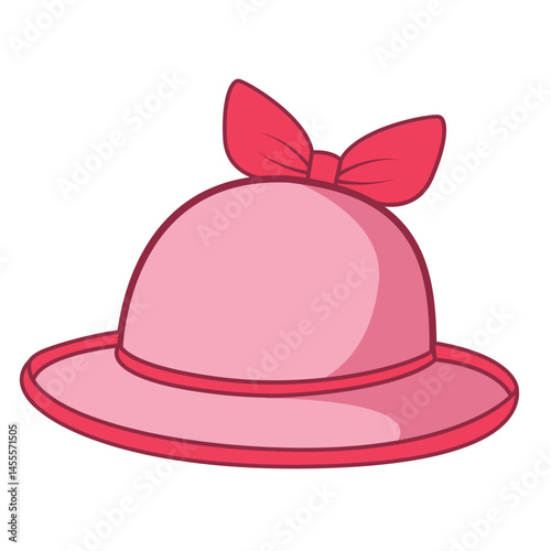 A pink hat with a red ribbon tied in a bow, featuring a wide brim and rounded crown for elegance.