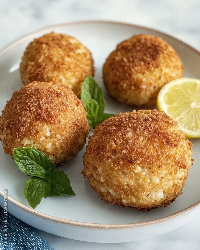 Golden Arancini Delights: Crispy Rice Balls with Lemon and Mint on a Ceramic Plate Golden Arancini Delights: Crispy Rice Balls with Lemon and Mint on a Ceramic Plate