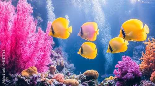 Vibrant coral reef with yellow and pink fish photo